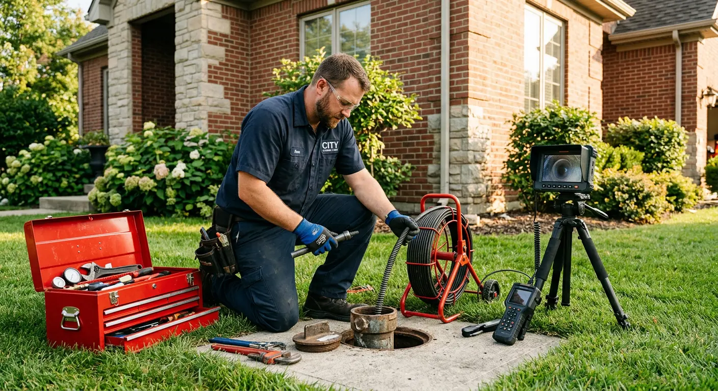 Sewer specialist with camera equipment servicing a cleanout in Bastrop