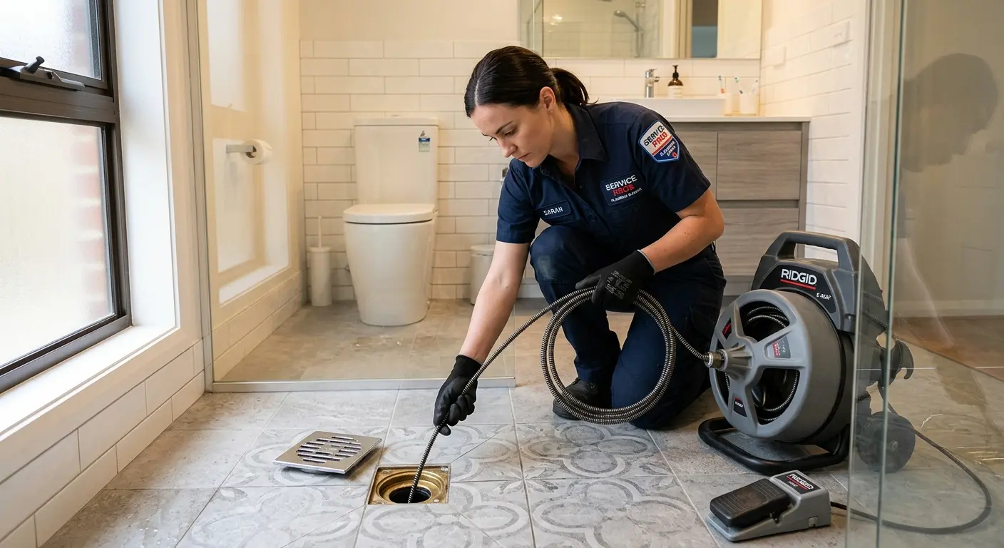 Technician clearing a bathroom floor drain for Clogged Drain Repair in Bastrop